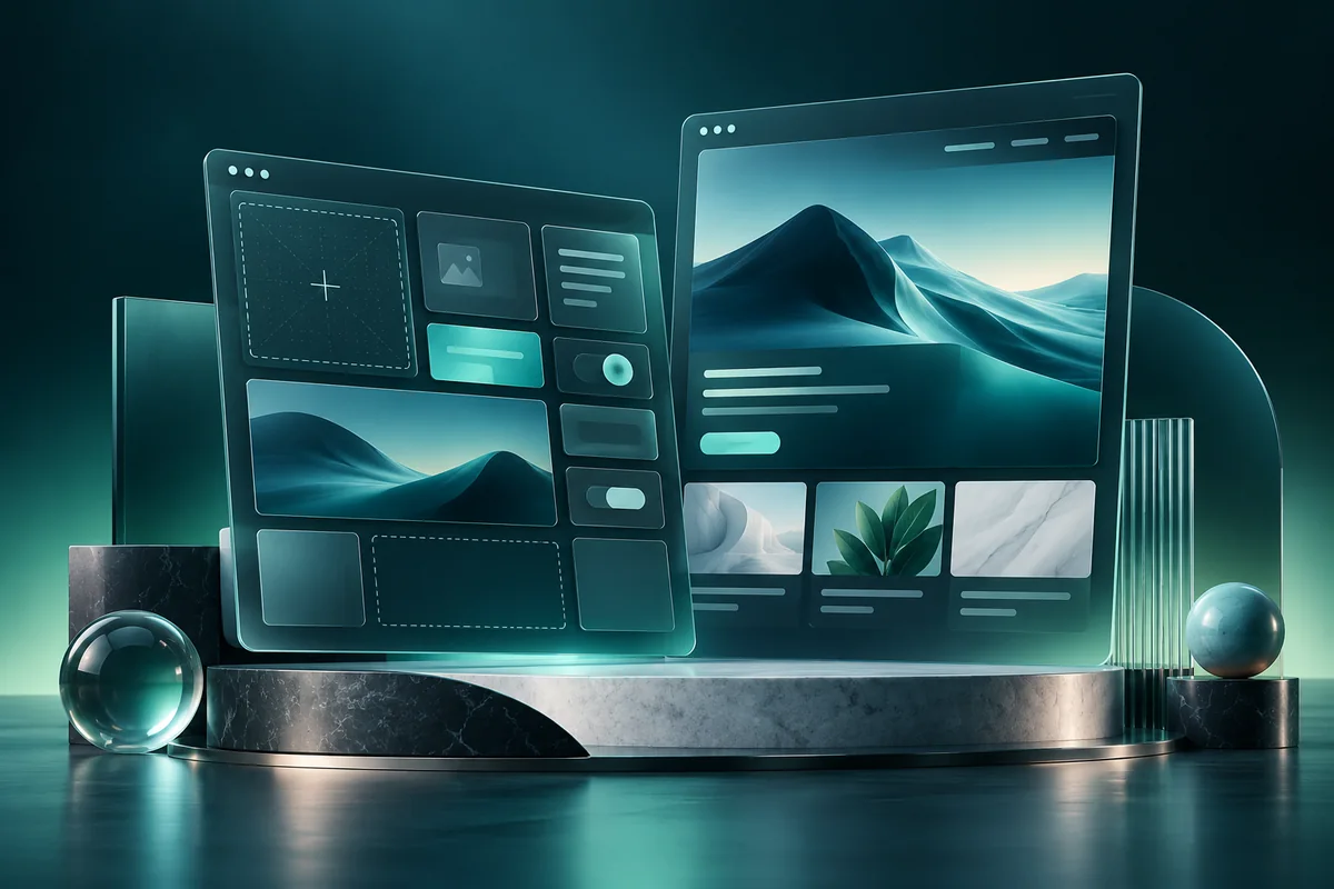 Modular website composition board beside an editorial website layout in a teal studio