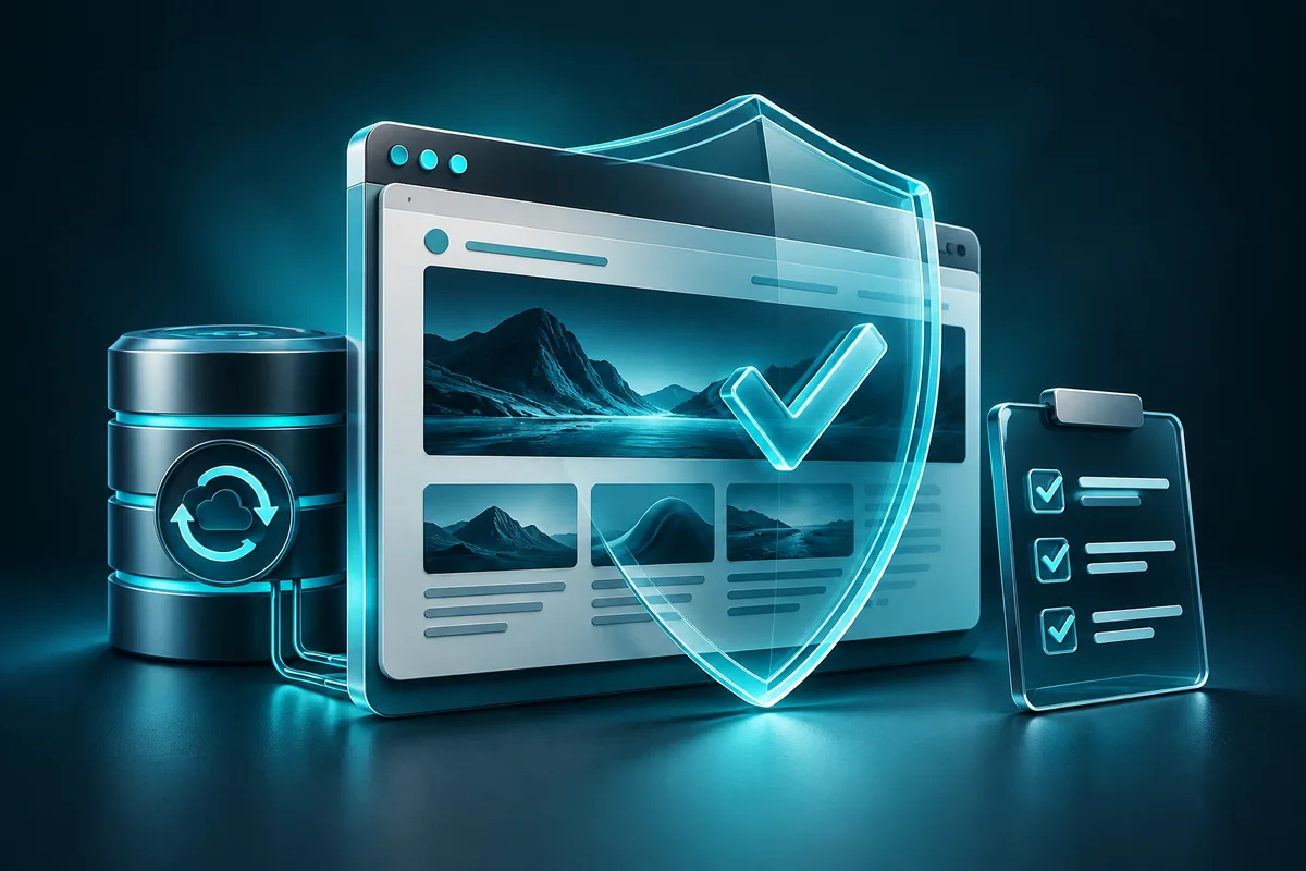 A website protected by a glass shield beside backup storage and a maintenance checklist