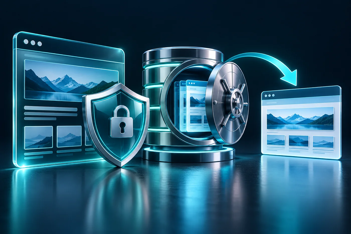 Navy and teal editorial illustration for website disaster recovery