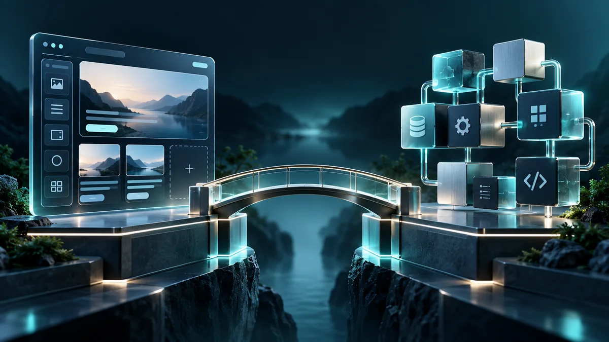 Visual website layout and modular content blocks connected by a balanced bridge